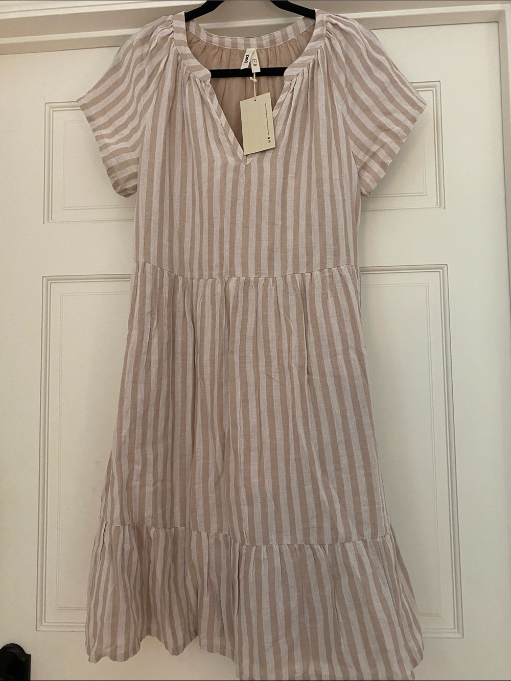 Pact tan and white striped cotton mini dress